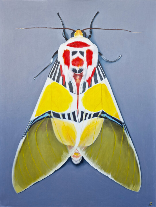 Pittura intitolato "Tiger moth with Clo…" da Zulfiya Mukhamadeyeva, Opera d'arte originale, Olio Montato su Telaio per barel…