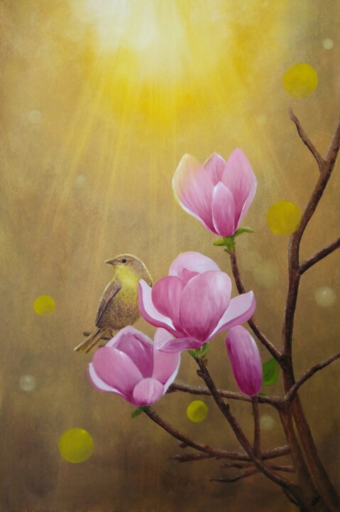 Schilderij getiteld "Bird and magnolias" door Zuzana Šmehylová, Origineel Kunstwerk, Olie