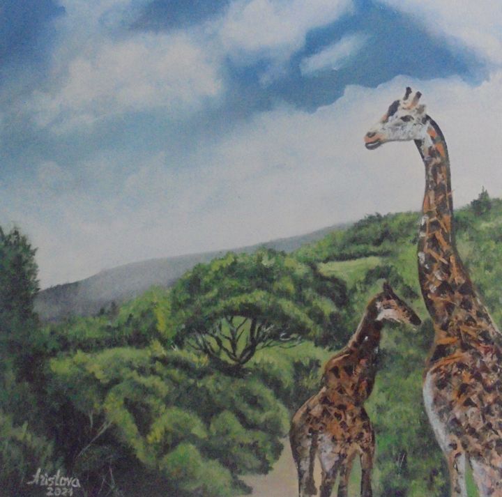 Ζωγραφική με τίτλο "Giraffes" από Liubov Aristova, Αυθεντικά έργα τέχνης, Λάδι