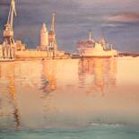 Schilderij getiteld "Ocaso en el puerto…" door Balderas, Origineel Kunstwerk, Aquarel