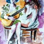 Painting titled "Les guitaristes" by Decastro, Original Artwork, Watercolor