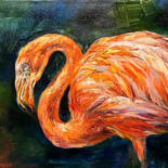 Schilderij getiteld "Bright flamingo on…" door Elena Reutova, Origineel Kunstwerk, Olie Gemonteerd op Frame voor houten bran…