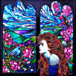 Peinture intitulée "Blue Bird and Woman…" par Irina Bast, Œuvre d'art originale, Peinture vitrail Monté sur Autre panneau ri…