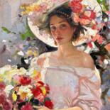 Pittura intitolato "Woman with flowers" da Khanlar Asadullayev, Opera d'arte originale, Olio