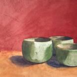 Schilderij getiteld "Three green bowls" door Krystyna Szczepanowski, Origineel Kunstwerk, Aquarel