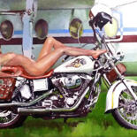 Painting titled ""Harley Akt"" by Mark Herzog, Original Artwork, Oil Mounted on Wood Stretcher frame