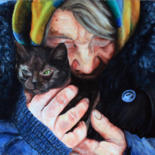 Schilderij getiteld "Woman and cat" door Pavel Krasheninin, Origineel Kunstwerk, Olie