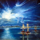 Painting titled "Boats in the Moonli…" by Susanart, Original Artwork, Oil