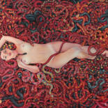 Painting titled "Medusa Gorgon" by Tetiana Bogdanova, Original Artwork, Oil Mounted on Wood Stretcher frame