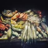 Painting titled "Fish market" by Tomás Castaño, Original Artwork, Oil