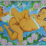 Pintura intitulada "Girls and Roses in…" por Winfried Musial, Obras de arte originais, Aquarela